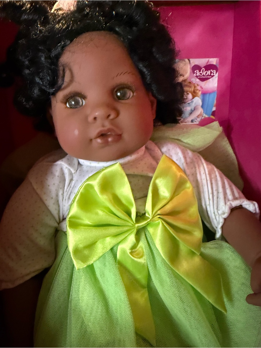 ADORA Brown Baby Doll in Lime Green Bow Dress